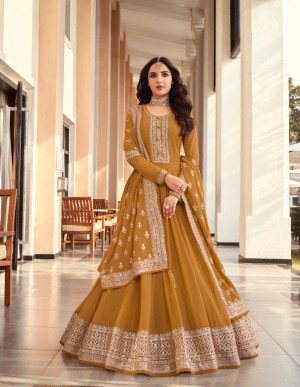 Beautiful embroidery semi stitched faux georgette yellow gown dupatta